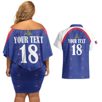 Custom Haiti Football Couples Matching Off Shoulder Short Dress and Hawaiian Shirt Les Grenadiers Veve Haitian Vodou Blue Version - Wonder Print Shop