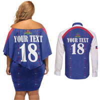 Custom Haiti Football Couples Matching Off Shoulder Short Dress and Long Sleeve Button Shirt Les Grenadiers Veve Haitian Vodou Blue Version - Wonder Print Shop