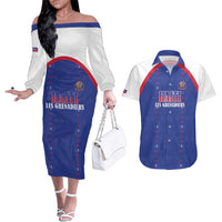 Custom Haiti Football Couples Matching Off The Shoulder Long Sleeve Dress and Hawaiian Shirt Les Grenadiers Veve Haitian Vodou Blue Version - Wonder Print Shop
