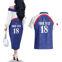 Custom Haiti Football Couples Matching Off The Shoulder Long Sleeve Dress and Hawaiian Shirt Les Grenadiers Veve Haitian Vodou Blue Version - Wonder Print Shop