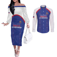 Custom Haiti Football Couples Matching Off The Shoulder Long Sleeve Dress and Long Sleeve Button Shirt Les Grenadiers Veve Haitian Vodou Blue Version - Wonder Print Shop