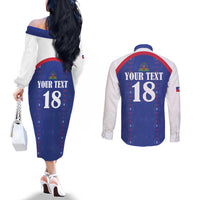 Custom Haiti Football Couples Matching Off The Shoulder Long Sleeve Dress and Long Sleeve Button Shirt Les Grenadiers Veve Haitian Vodou Blue Version - Wonder Print Shop