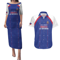 Custom Haiti Football Couples Matching Puletasi and Hawaiian Shirt Les Grenadiers Veve Haitian Vodou Blue Version - Wonder Print Shop