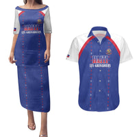 Custom Haiti Football Couples Matching Puletasi and Hawaiian Shirt Les Grenadiers Veve Haitian Vodou Blue Version - Wonder Print Shop