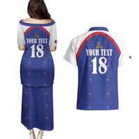 Custom Haiti Football Couples Matching Puletasi and Hawaiian Shirt Les Grenadiers Veve Haitian Vodou Blue Version - Wonder Print Shop