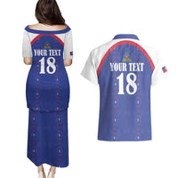 Custom Haiti Football Couples Matching Puletasi and Hawaiian Shirt Les Grenadiers Veve Haitian Vodou Blue Version - Wonder Print Shop