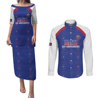 Custom Haiti Football Couples Matching Puletasi and Long Sleeve Button Shirt Les Grenadiers Veve Haitian Vodou Blue Version - Wonder Print Shop