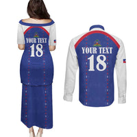 Custom Haiti Football Couples Matching Puletasi and Long Sleeve Button Shirt Les Grenadiers Veve Haitian Vodou Blue Version - Wonder Print Shop