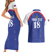 Custom Haiti Football Couples Matching Short Sleeve Bodycon Dress and Hawaiian Shirt Les Grenadiers Veve Haitian Vodou Blue Version - Wonder Print Shop