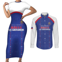Custom Haiti Football Couples Matching Short Sleeve Bodycon Dress and Long Sleeve Button Shirt Les Grenadiers Veve Haitian Vodou Blue Version - Wonder Print Shop