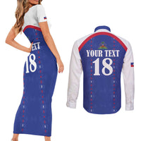 Custom Haiti Football Couples Matching Short Sleeve Bodycon Dress and Long Sleeve Button Shirt Les Grenadiers Veve Haitian Vodou Blue Version - Wonder Print Shop