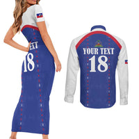 Custom Haiti Football Couples Matching Short Sleeve Bodycon Dress and Long Sleeve Button Shirt Les Grenadiers Veve Haitian Vodou Blue Version - Wonder Print Shop
