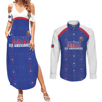Custom Haiti Football Couples Matching Summer Maxi Dress and Long Sleeve Button Shirt Les Grenadiers Veve Haitian Vodou Blue Version - Wonder Print Shop