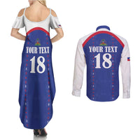 Custom Haiti Football Couples Matching Summer Maxi Dress and Long Sleeve Button Shirt Les Grenadiers Veve Haitian Vodou Blue Version - Wonder Print Shop