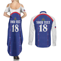 Custom Haiti Football Couples Matching Summer Maxi Dress and Long Sleeve Button Shirt Les Grenadiers Veve Haitian Vodou Blue Version - Wonder Print Shop