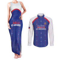 Custom Haiti Football Couples Matching Tank Maxi Dress and Long Sleeve Button Shirt Les Grenadiers Veve Haitian Vodou Blue Version - Wonder Print Shop