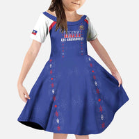 Custom Haiti Football Family Matching Long Sleeve Bodycon Dress and Hawaiian Shirt Les Grenadiers Veve Haitian Vodou Blue Version - Wonder Print Shop
