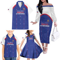 Custom Haiti Football Family Matching Off The Shoulder Long Sleeve Dress and Hawaiian Shirt Les Grenadiers Veve Haitian Vodou Blue Version - Wonder Print Shop