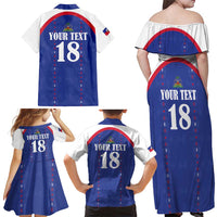 Custom Haiti Football Family Matching Off Shoulder Maxi Dress and Hawaiian Shirt Les Grenadiers Veve Haitian Vodou Blue Version - Wonder Print Shop