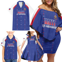 Custom Haiti Football Family Matching Off Shoulder Short Dress and Hawaiian Shirt Les Grenadiers Veve Haitian Vodou Blue Version - Wonder Print Shop