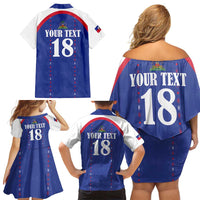 Custom Haiti Football Family Matching Off Shoulder Short Dress and Hawaiian Shirt Les Grenadiers Veve Haitian Vodou Blue Version - Wonder Print Shop