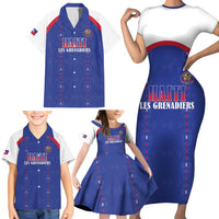 Custom Haiti Football Family Matching Short Sleeve Bodycon Dress and Hawaiian Shirt Les Grenadiers Veve Haitian Vodou Blue Version - Wonder Print Shop