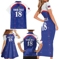 Custom Haiti Football Family Matching Short Sleeve Bodycon Dress and Hawaiian Shirt Les Grenadiers Veve Haitian Vodou Blue Version - Wonder Print Shop