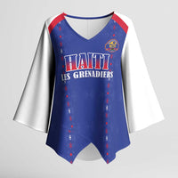 Custom Haiti Football Kimono Sleeve Blouse Les Grenadiers Veve Haitian Vodou Blue Version - Wonder Print Shop