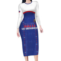 Custom Haiti Football Long Sleeve Bodycon Dress Les Grenadiers Veve Haitian Vodou Blue Version - Wonder Print Shop