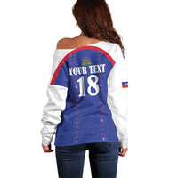 Custom Haiti Football Off Shoulder Sweater Les Grenadiers Veve Haitian Vodou Blue Version - Wonder Print Shop