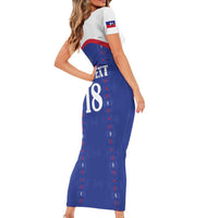 Custom Haiti Football Short Sleeve Bodycon Dress Les Grenadiers Veve Haitian Vodou Blue Version - Wonder Print Shop