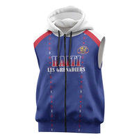 Custom Haiti Football Sleeveless Zip Hoodie Les Grenadiers Veve Haitian Vodou Blue Version - Wonder Print Shop