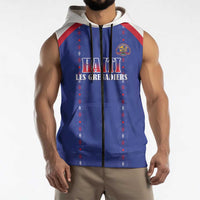 Custom Haiti Football Sleeveless Zip Hoodie Les Grenadiers Veve Haitian Vodou Blue Version - Wonder Print Shop
