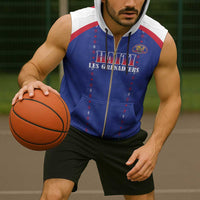 Custom Haiti Football Sleeveless Zip Hoodie Les Grenadiers Veve Haitian Vodou Blue Version - Wonder Print Shop