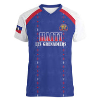 Custom Haiti Football Women V-Neck T-Shirt Les Grenadiers Veve Haitian Vodou Blue Version - Wonder Print Shop