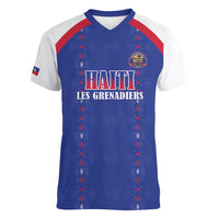 Custom Haiti Football Women V-Neck T-Shirt Les Grenadiers Veve Haitian Vodou Blue Version - Wonder Print Shop