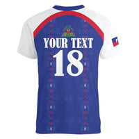 Custom Haiti Football Women V-Neck T-Shirt Les Grenadiers Veve Haitian Vodou Blue Version - Wonder Print Shop