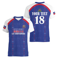 Custom Haiti Football Women V-Neck T-Shirt Les Grenadiers Veve Haitian Vodou Blue Version - Wonder Print Shop