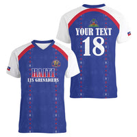 Custom Haiti Football Women V-Neck T-Shirt Les Grenadiers Veve Haitian Vodou Blue Version - Wonder Print Shop