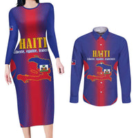 Haiti Pride Personalized Couples Matching Long Sleeve Bodycon Dress and Long Sleeve Button Shirt Neg Marron Haitian Heritage - Wonder Print Shop