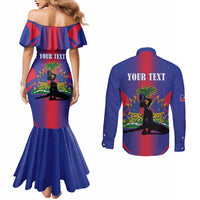 Haiti Pride Personalized Couples Matching Mermaid Dress and Long Sleeve Button Shirt Neg Marron Haitian Heritage - Wonder Print Shop