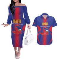 Haiti Pride Personalized Couples Matching Off The Shoulder Long Sleeve Dress and Hawaiian Shirt Neg Marron Haitian Heritage - Wonder Print Shop