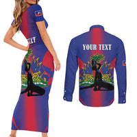 Haiti Pride Personalized Couples Matching Short Sleeve Bodycon Dress and Long Sleeve Button Shirt Neg Marron Haitian Heritage - Wonder Print Shop