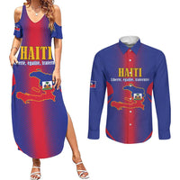 Haiti Pride Personalized Couples Matching Summer Maxi Dress and Long Sleeve Button Shirt Neg Marron Haitian Heritage - Wonder Print Shop