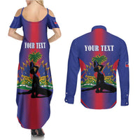 Haiti Pride Personalized Couples Matching Summer Maxi Dress and Long Sleeve Button Shirt Neg Marron Haitian Heritage - Wonder Print Shop