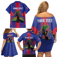 Haiti Pride Personalized Family Matching Off Shoulder Short Dress and Hawaiian Shirt Neg Marron Haitian Heritage - Wonder Print Shop