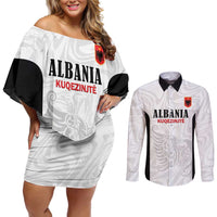 Custom Albania Football Pride Couples Matching Off Shoulder Short Dress and Long Sleeve Button Shirt Kuqezinjte Eagle White Version - Wonder Print Shop