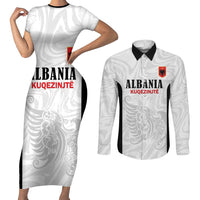 Custom Albania Football Pride Couples Matching Short Sleeve Bodycon Dress and Long Sleeve Button Shirt Kuqezinjte Eagle White Version - Wonder Print Shop