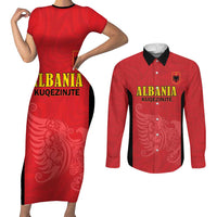 Custom Albania Football Pride Couples Matching Short Sleeve Bodycon Dress and Long Sleeve Button Shirt Kuqezinjte Eagle Red Version - Wonder Print Shop