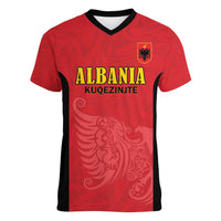 Custom Albania Football Pride Women V-Neck T-Shirt Kuqezinjte Eagle Red Version - Wonder Print Shop